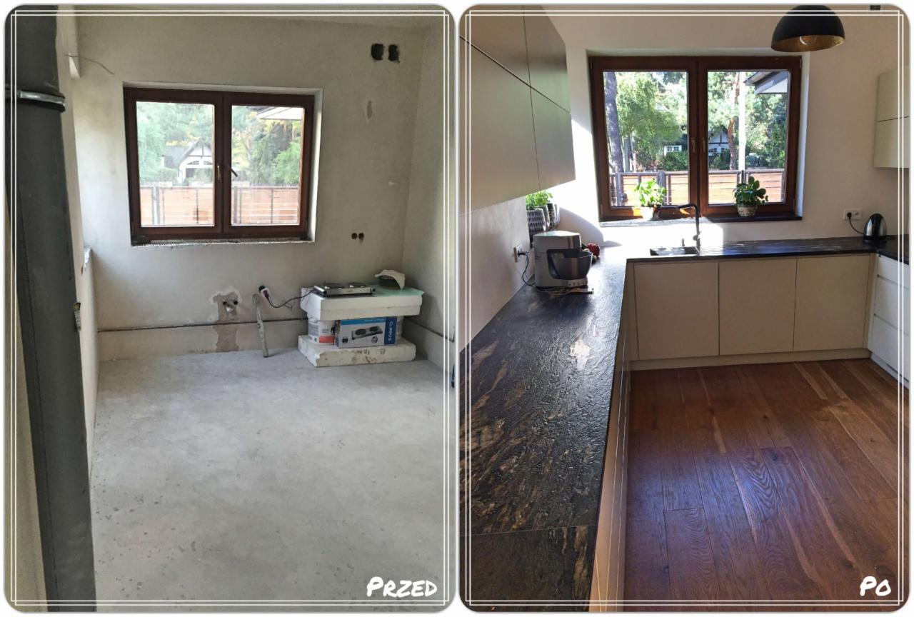 Porównanie kuchni przed i po: surowy stan z odsłoniętymi przewodami elektrycznymi kontra nowoczesna zabudowa z drewnianą podłogą i kamiennym blatem, widok na zieleń za oknem.