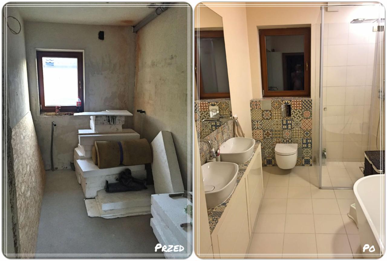 Porównanie stanu łazienki przed i po remoncie: surowe ściany i materiały budowlane kontra wykończona łazienka z umywalkami nablatowymi, mozaiką i kabiną prysznicową.