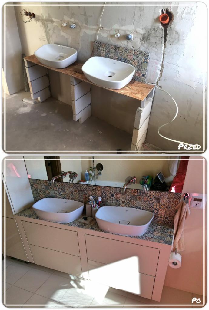 Dwie umywalki nablatowe w łazience: widok przed i po zabudowie, z mozaiką na ścianie i szafką pod umywalkami.