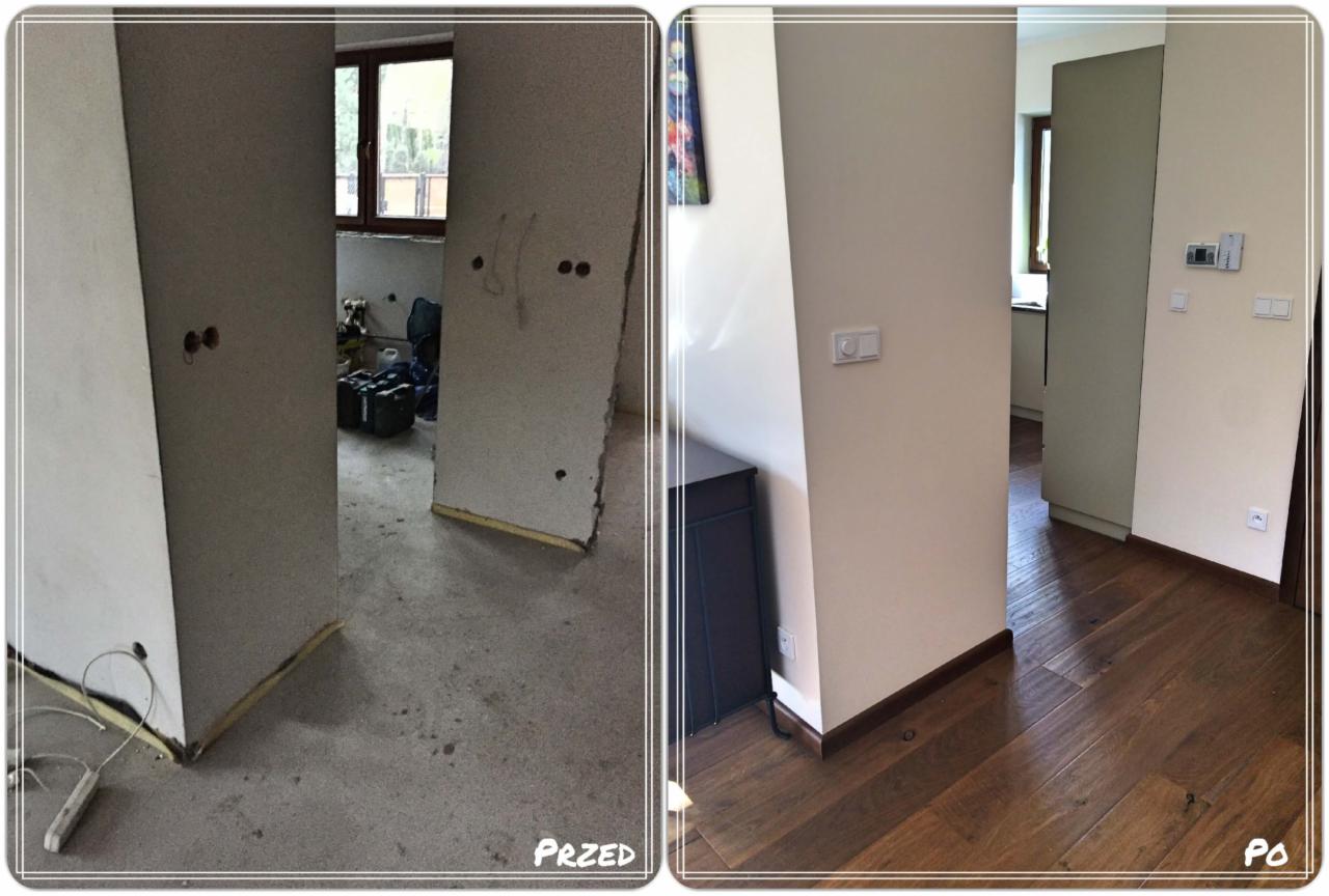 Porównanie stanu pomieszczenia przed i po remoncie: surowe ściany z widocznymi instalacjami elektrycznymi kontra gładkie, pomalowane ściany z zamontowanymi gniazdkami i wykończona podłoga...