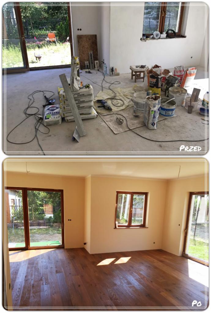 Porównanie stanu pomieszczenia przed i po remoncie: widok na surowy pokój z workami zaprawy i narzędziami, a następnie odnowione wnętrze z drewnianą podłogą i pomalowanymi ścianami.