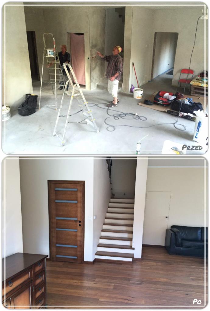 Porównanie stanu surowego i wykończonego wnętrza: góra - dwa mężczyźni przy pracy, drabiny, kable, ściany w stanie surowym; dół - świeżo położona drewniana podłoga, zamontowane drzwi, schody i meble.