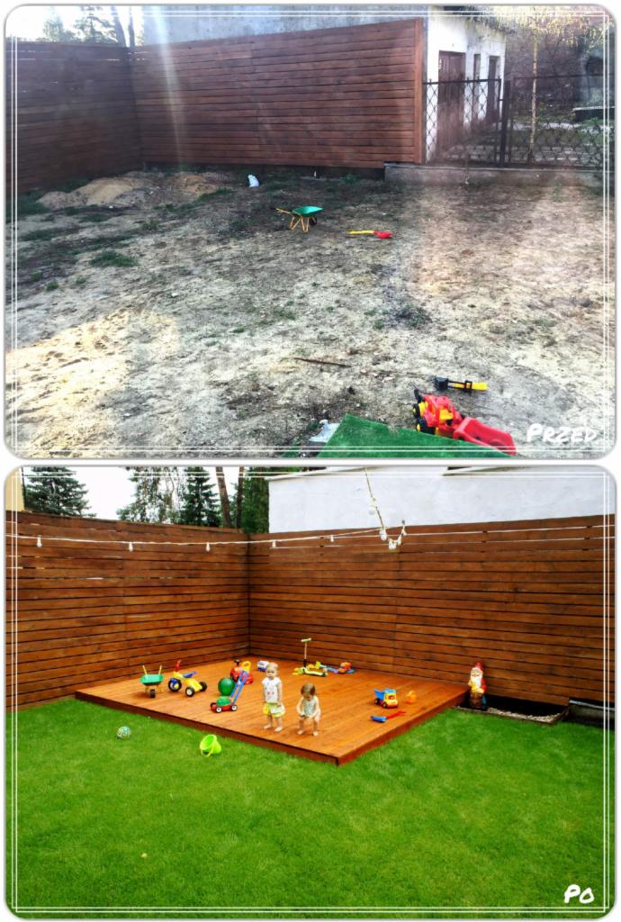 Porównanie stanu działki przed i po budowie drewnianej altany z podestem i ogrodzeniem z desek, na którym bawią się dzieci.