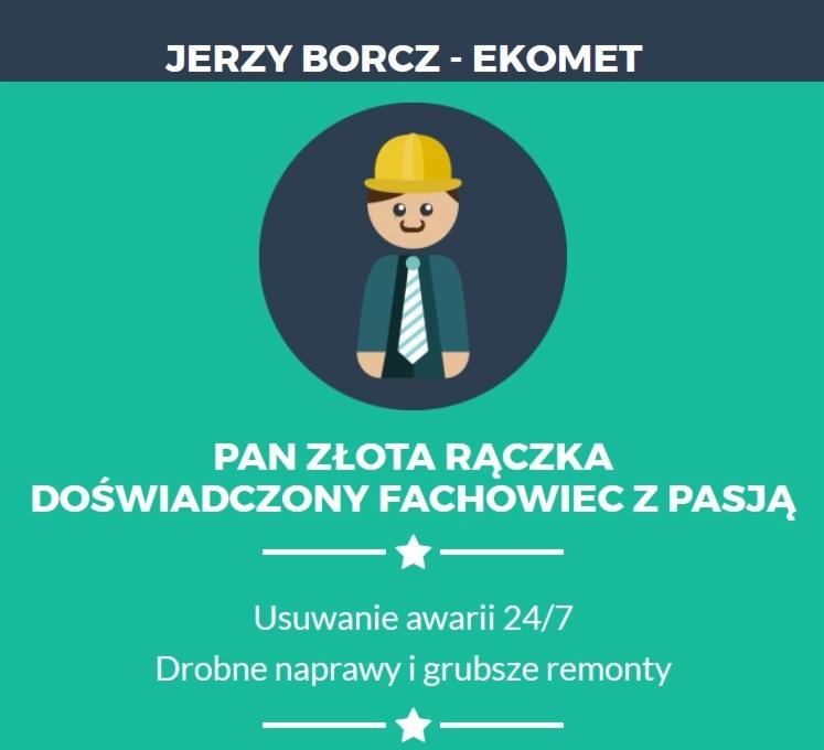 Grafika reklamowa firmy Jerzy Borcz - Ekoment, przedstawiająca stylizowaną postać fachowca w kasku, z hasłem 'Pan Złota Rączka, doświadczony fachowiec z pasją', oferującej usuwanie awarii 24/7...