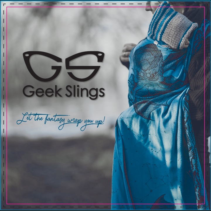 Projekt katalogu (tu pierwsza strona) dla Geek Slings, firmy tworzącej chusty i nosidła do noszenia dzieci.