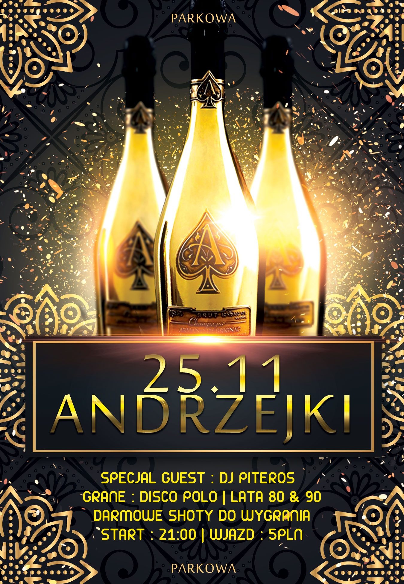 Grafika plakatu promującego imprezę Andrzejkową w Pub Parkowa, z trzema złotymi butelkami szampana na tle z ornamentami i złotym pyłem.