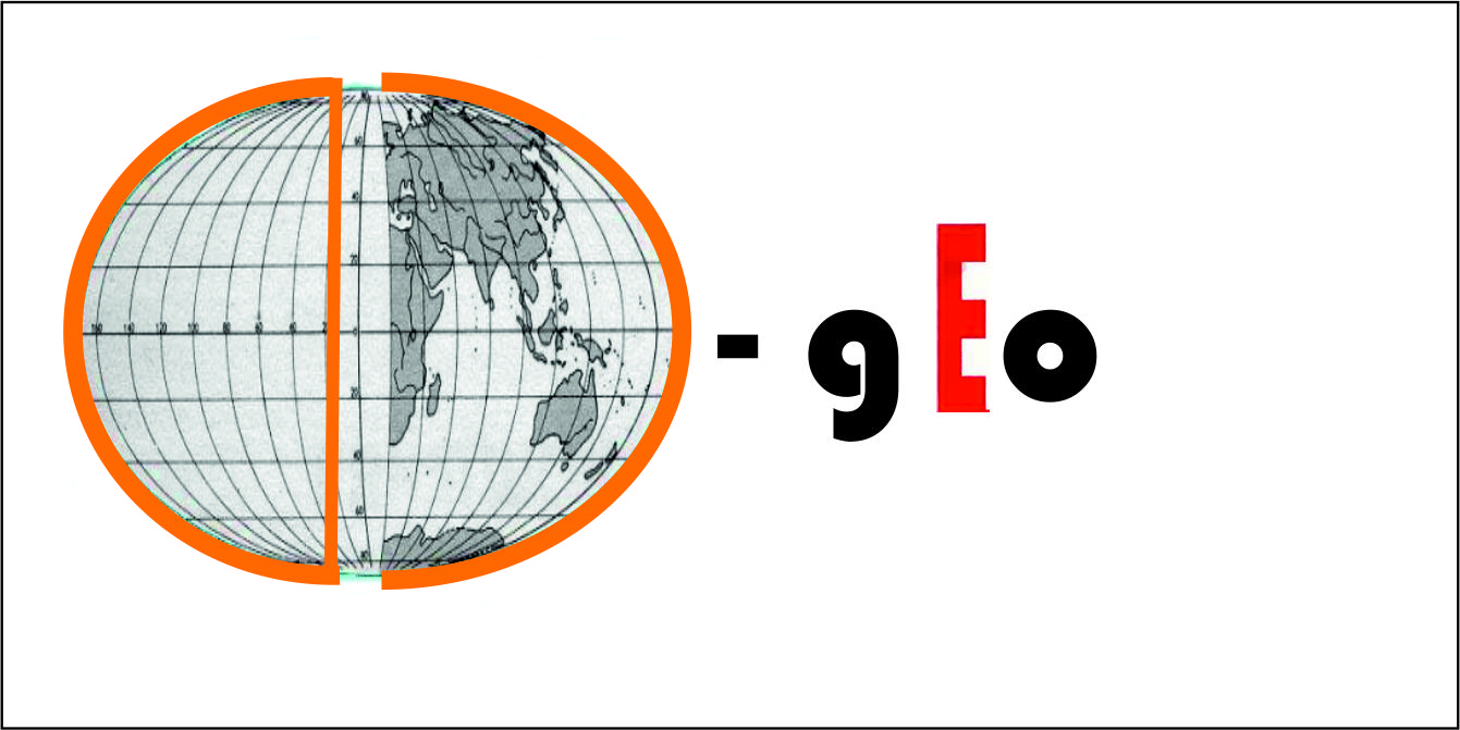 Stylizowane logo: kula ziemska w pomarańczowej obwódce przecięta pionową linią, obok napis 'geo' z czerwoną literą 'E'.