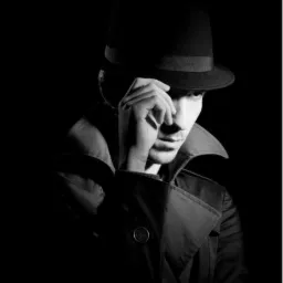 Czarno-białe ujęcie mężczyzny w kapeluszu i płaszczu, z dłonią częściowo zasłaniającą twarz, w klimatycznym, ciemnym oświetleniu.