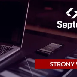 Laptop, smartfony i logo 'Septem' na ciemnym tle, z czerwonym banerem 'STRONY WWW' w dolnej części kadru.