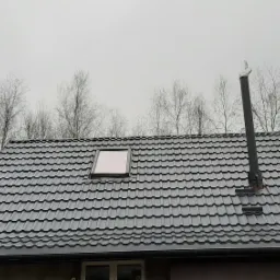 Nowoczesny, grafitowy dach z blachy trapezowej z oknem dachowym i kominem na tle drzew bezlistnych.