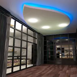 Nowoczesne wnętrze z drewnianą podłogą, przeszklonymi ścianami z czarnymi ramami, zasłonami w paski i sufitem z oświetleniem LED.