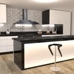 Wizualizacja nowoczesnej kuchni z białymi szafkami, czarnym blatem z marmurowym wzorem, ceglaną ścianą nad blatem, srebrnym okapem, drewnianą podłogą i czarnymi hokerami przy wyspie kuchennej.