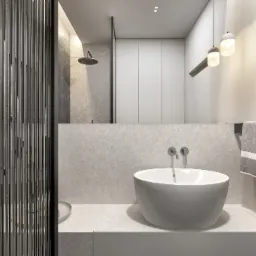 Nowoczesna łazienka z wolnostojącą umywalką nablatową, chromowaną armaturą ścienną, szklaną kabiną prysznicową i dekoracyjną ścianką z metalowych prętów.