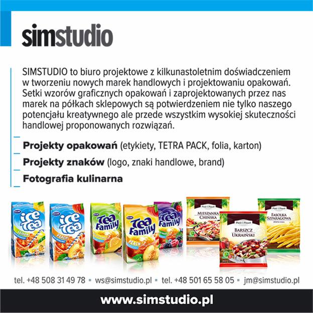 Przykłady projektów graficznych opakowań produktów spożywczych, w tym napojów Ice Tea i dań gotowych, prezentowane przez SIMSTUDIO.