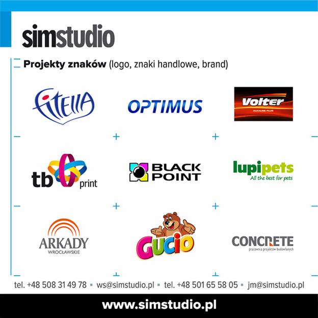 Prezentacja projektów logo różnych firm, w tym Atella, Optimus, Volter, TB print, Black Point, Lupipets, Arkady Wrocławskie, Gucio i Concrete, na białym tle z informacjami kontaktowymi firmy...