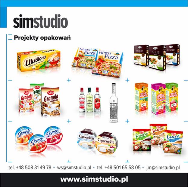 Kompozycja projektów opakowań różnych produktów spożywczych: herbata, pizza, ryż, granole, wódka, serek camembert i sosy, zaprezentowanych na białym tle z logo simstudio.pl w lewym górnym rogu.