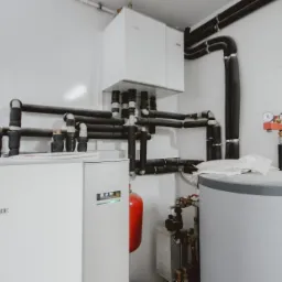 Białe pomieszczenie techniczne z instalacją grzewczą, widoczne rury w czarnej izolacji, zbiornik na wodę i urządzenie Nibe z czerwonym zbiornikiem wyrównawczym.