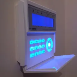 Biały panel alarmowy Safet z niebieskim podświetleniem klawiszy i wyświetlaczem LCD, zamontowany na beżowej ścianie, z otwartą klapką dolną.