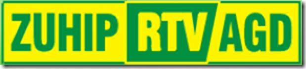 Żółto-zielone logo ZUHIP RTV AGD na prostokątnym banerze.