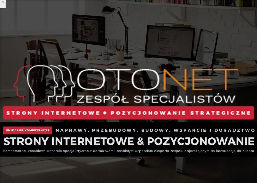 Logo firmy Otonet.pl na tle biura z komputerami i biurkiem. Widoczne hasła: 'zespół specjalistów', 'strony internetowe', 'pozycjonowanie strategiczne', 'naprawy, przebudowy, budowy, wsparcie...
