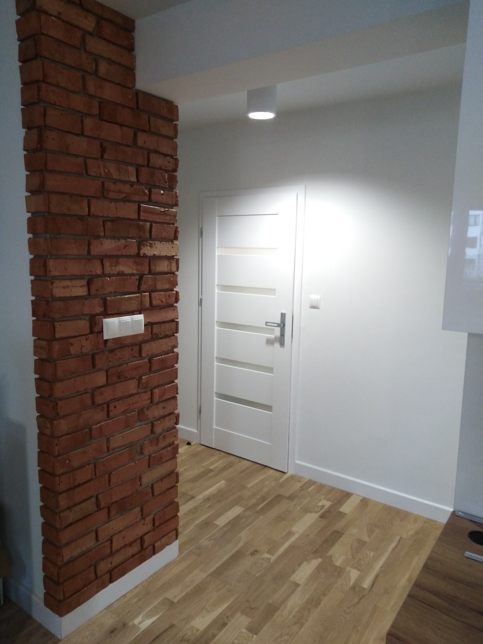 Wnętrze mieszkania po remoncie: ściana z cegły klinkierowej z włącznikiem światła, białe drzwi z przeszkleniami, podłoga z paneli drewnopodobnych.