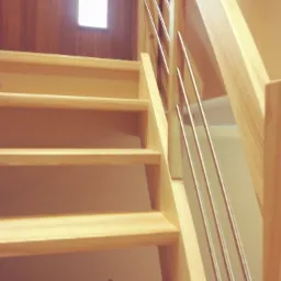 Jasne drewniane schody z metalowymi poręczami, oświetlone przez okno w tle, widok z dołu.