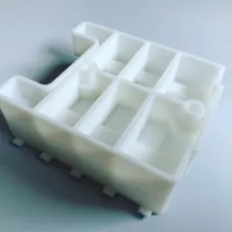 Biały, modułowy element konstrukcyjny z wydruku 3D, z widocznymi warstwami materiału i wewnętrznymi przegródkami, na gładkim, jasnym tle.