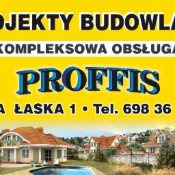 Żółte tło reklamowe z napisem 'Projekty Budowlane', 'Kompleksowa Obsługa' i nazwą firmy 'Proffis' oraz adresem i numerem telefonu. Na dole wizualizacja kilku domów jednorodzinnych z basenem.