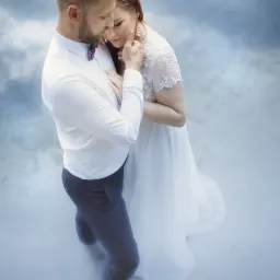 Para młoda w objęciach na tle rozmytego, błękitnego tła; on w białej koszuli i bordowej muszce, ona w koronkowej sukni i złotych kolczykach.