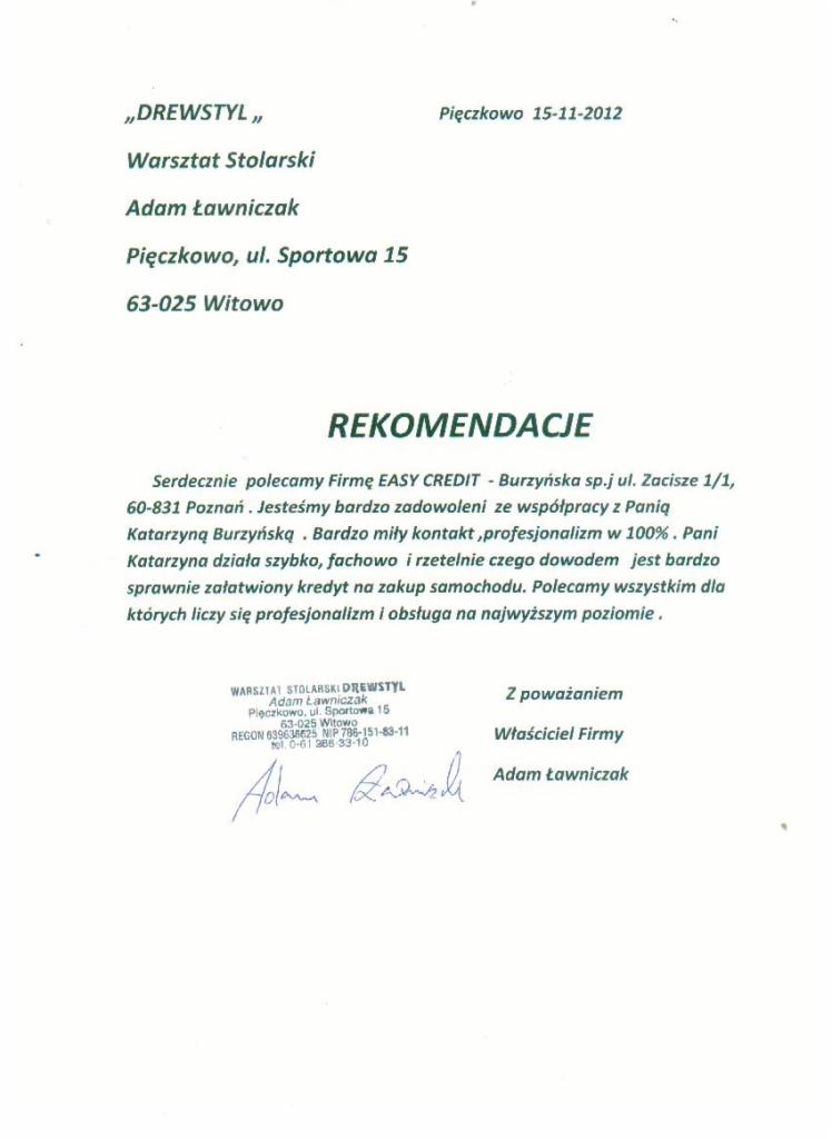 Skan dokumentu z referencjami dla firmy EASY CREDIT, polecającej sprawnie załatwiony kredyt na zakup samochodu, wystawione przez Warsztat Stolarski DREWSTYL Adam Ławniczak z Pięczkowa.