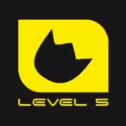 Żółto-czarne logo LEVEL 5 na czarnym tle, przedstawiające stylizowaną głowę kota wpisaną w zaokrąglony kwadrat.