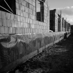 Czarno-białe zdjęcie fundament&oacute;w domu w trakcie budowy, z widoczną folią kubełkową i fragmentami ścian z pustak&oacute;w ceramicznych.