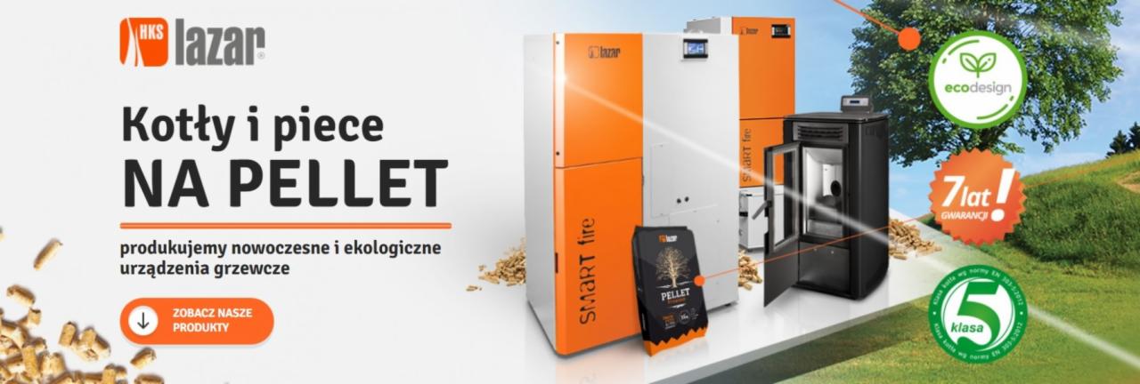 Reklama kotłów i pieców na pellet marki Lazar, prezentująca modele Smart Fire i Art Fire, z oznaczeniami Ecodesign i 7-letniej gwarancji na tle zieleni.