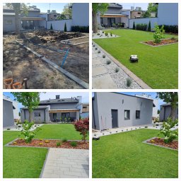 Adamex-Ogrody - Czteropanelowe ujęcie ogrodu: początkowy etap prac ziemnych z widocznymi rurami nawadniającymi, trawnik z robotem koszącym, widok na ogród z kostką brukową i nasadzeniami oraz widok na trawnik...