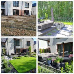 Adamex-Ogrody - Kompozycja czterech zdjęć: teren przed budynkiem przed i po zagospodarowaniu, taras z meblami ogrodowymi i zielenią w donicach, trawnik z nasadzeniami i ścieżką z płyt.