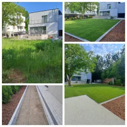 Kolaż zdjęć przedstawiający transformację ogrodu: zarośnięty teren przed budynkiem mieszkalnym, a obok wykończony trawnik z rolki, obrzeża z kory i kostki brukowej, oraz ścieżka z kostki prowadząca...