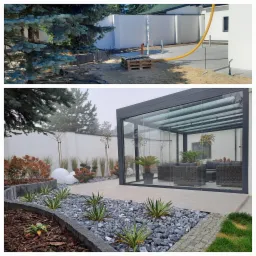 Dwa ujęcia: górne przedstawia teren przed budową, z paletą i żółtym wężem; dolne ukazuje gotowy ogród z szarą pergolą, meblami ogrodowymi, kamiennym rabatem i kulistymi lampami.