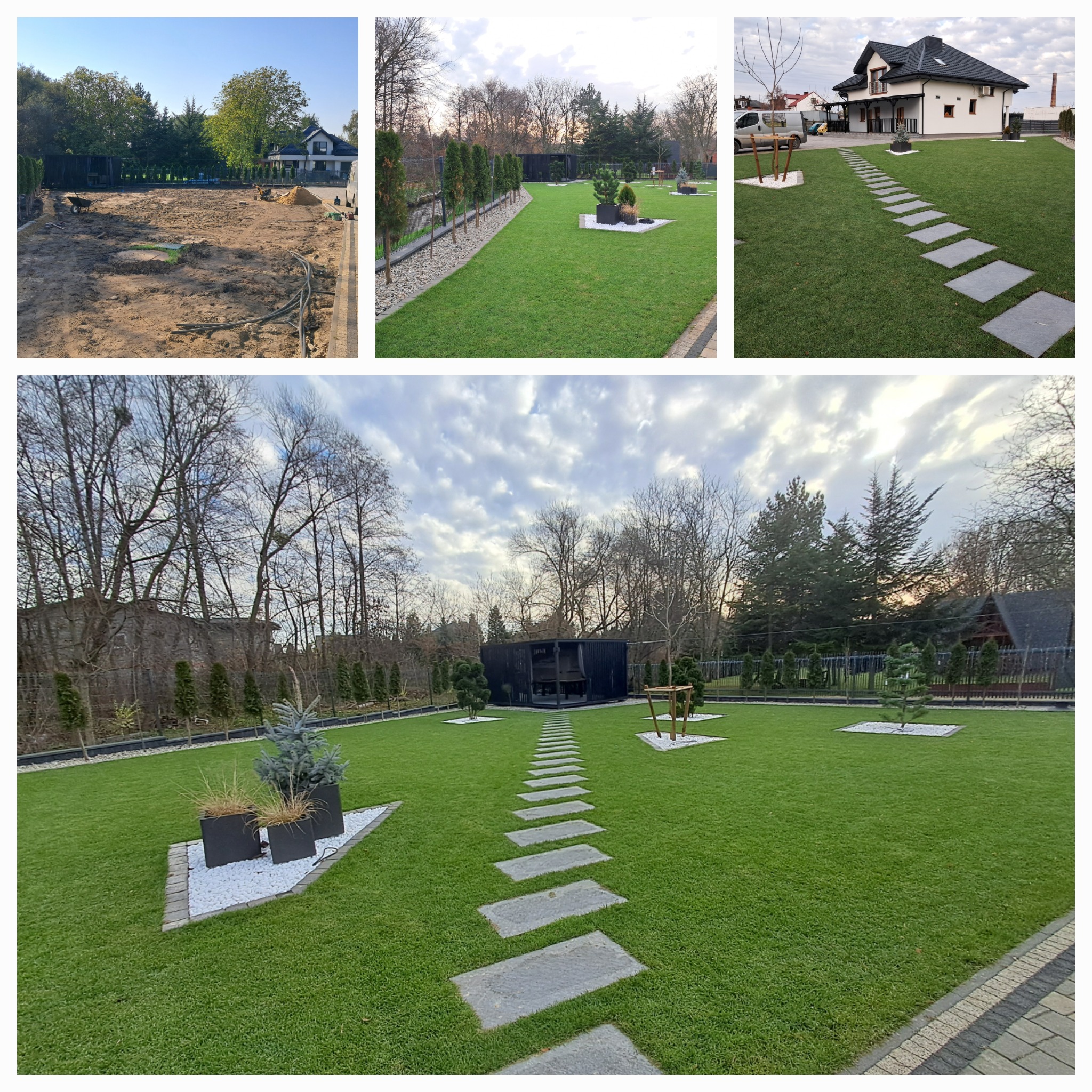 Zdjęcie przedstawia różne etapy zagospodarowania ogrodu: od przygotowania terenu, przez założenie trawnika i ścieżek z płyt, po nasadzenia ozdobne w donicach i aranżację z białym grysem. Widoczny...