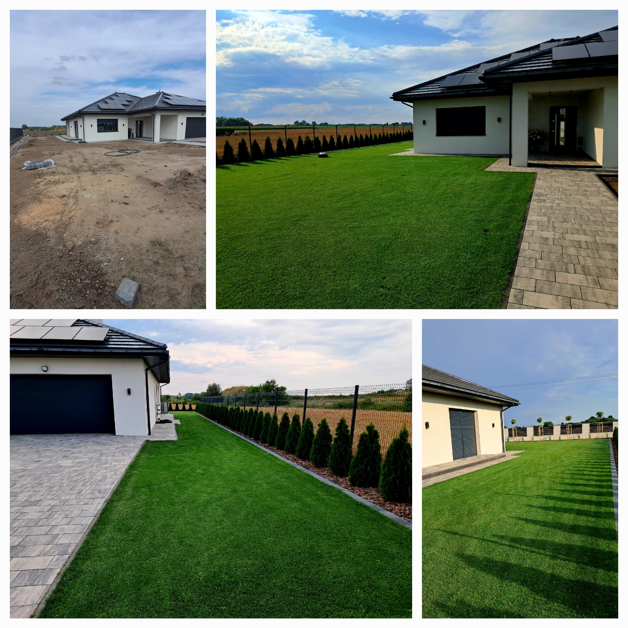Montaż paneli słonecznych na dachu domu z widokiem na przygotowany teren pod ogród i równo przystrzyżony trawnik z robotem koszącym i nasadzeniami z tuj. Część trawnika świeżo założona.