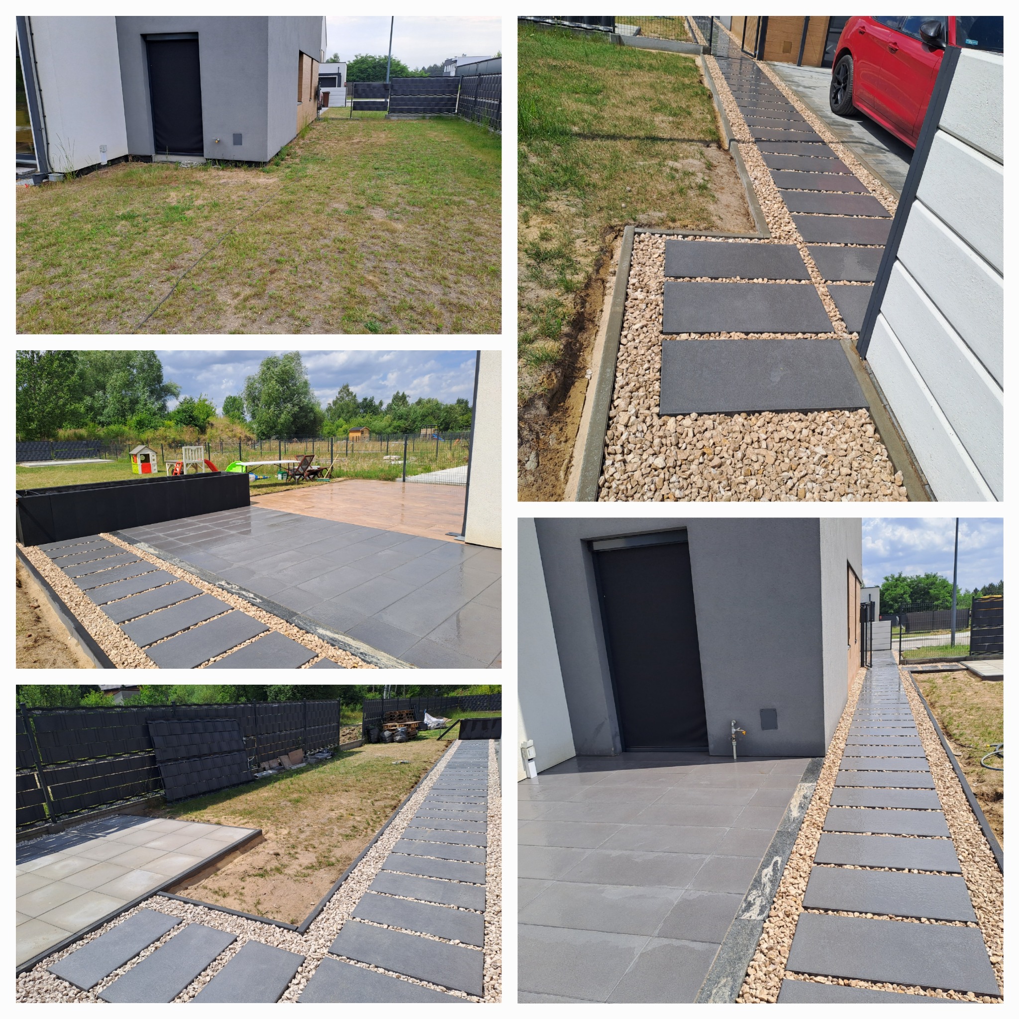 Ułożone prostokątne płyty chodnikowe z szarego betonu, oddzielone od trawnika i podjazdu pasem drobnych, jasnych kamieni; widoczne fragmenty domu, trawnika i czerwonego samochodu.