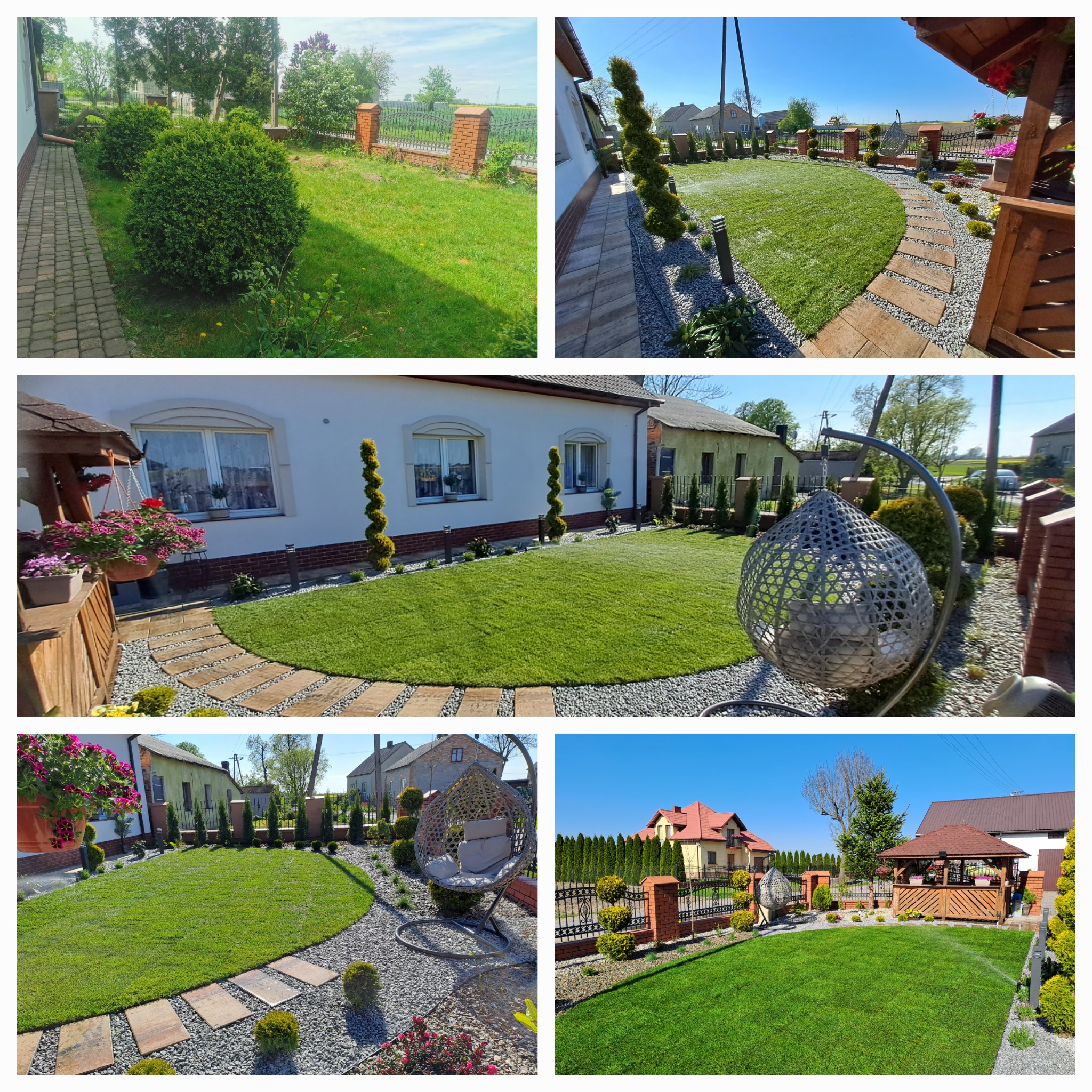 Kolaż zdjęć przedstawiający zadbany ogród z równo przystrzyżonym trawnikiem, ścieżką z płyt kamiennych wysypaną drobnym żwirem, ozdobnymi krzewami i drzewkami, huśtawką wiszącą oraz altaną.
