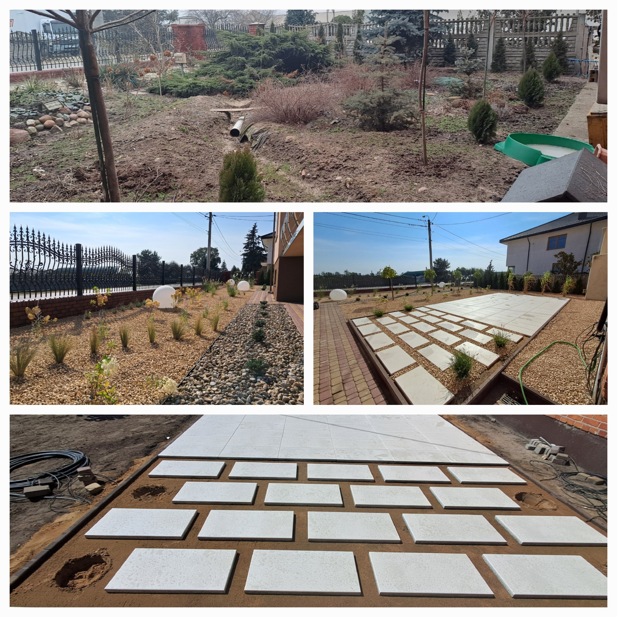 Układanie jasnych płyt tarasowych na piaskowym podłożu, widoczne przygotowane zagłębienia pod płyty, w tle ogród z elementami dekoracyjnymi i ogrodzeniem.