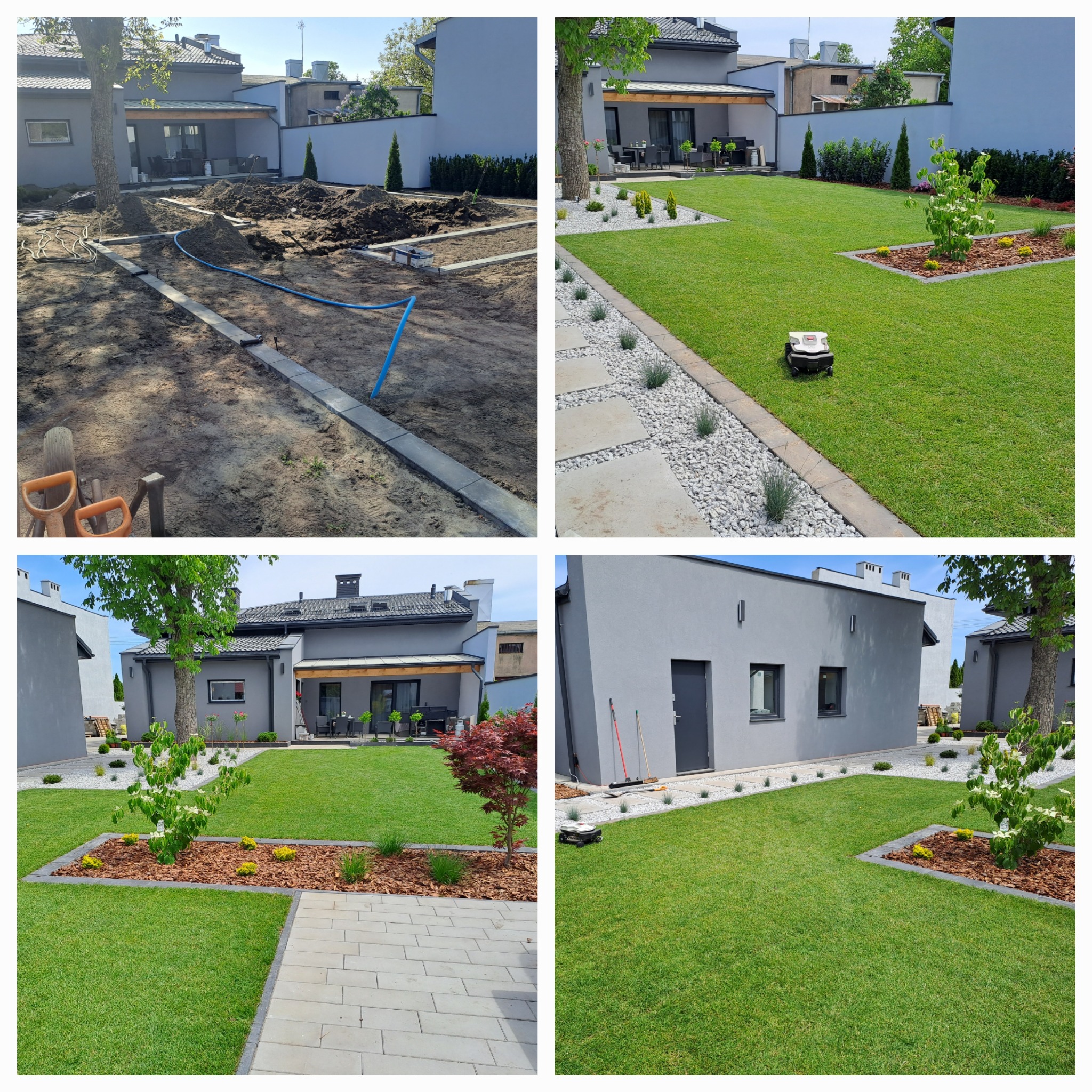 Czteropanelowe ujęcie ogrodu: początkowy etap prac ziemnych z widocznymi rurami nawadniającymi, trawnik z robotem koszącym, widok na ogród z kostką brukową i nasadzeniami oraz widok na trawnik...