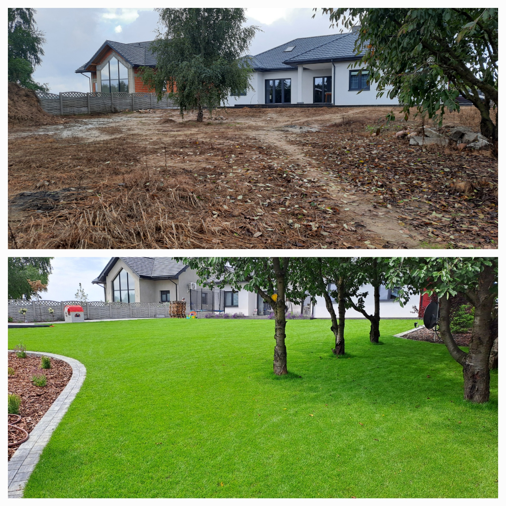 Porównanie terenu przed i po założeniu trawnika: widok na dom z zadbanym, zielonym trawnikiem w miejscu wcześniej zaniedbanego gruntu.