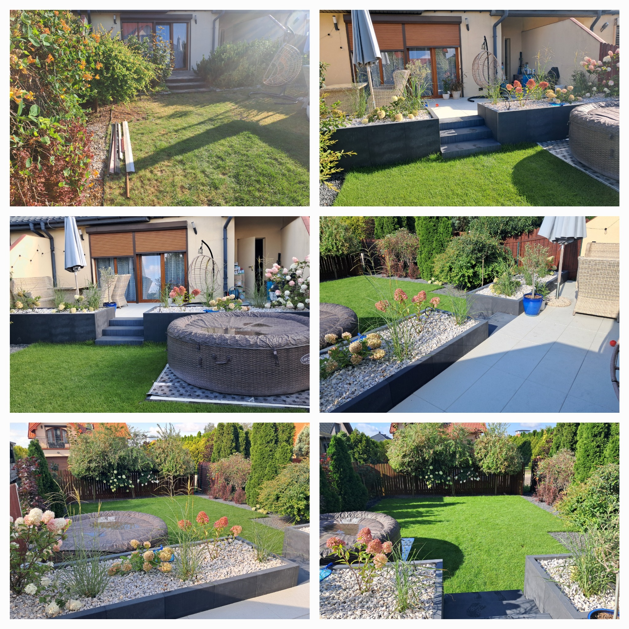 Zdjęcie przedstawia ogród po metamorfozie, z równo przystrzyżonym trawnikiem, podwyższonymi rabatami obsypanymi białym kamieniem, ozdobnymi trawami i kwiatami, oraz tarasem z jacuzzi. Widoczny jest...