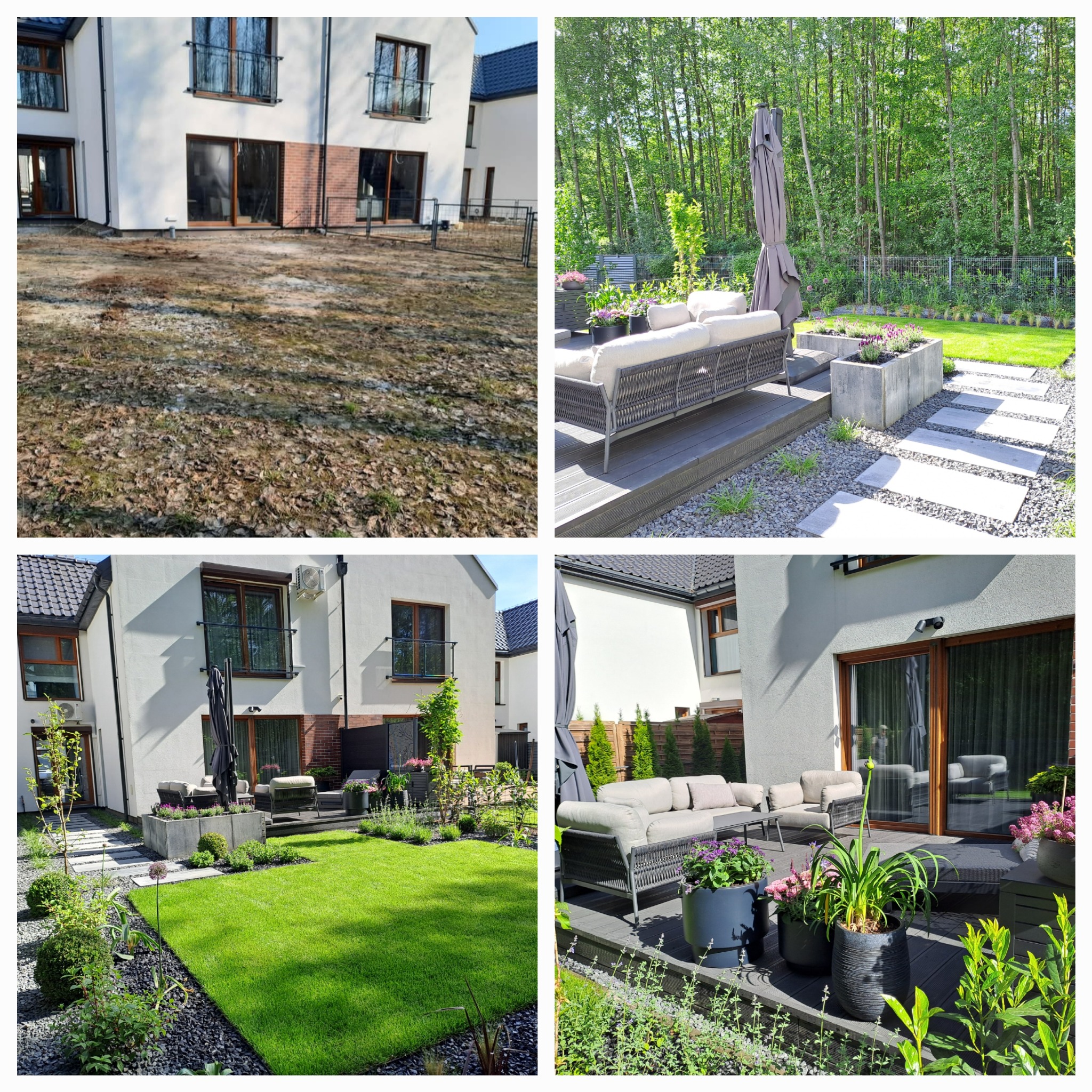 Kompozycja czterech zdjęć: teren przed budynkiem przed i po zagospodarowaniu, taras z meblami ogrodowymi i zielenią w donicach, trawnik z nasadzeniami i ścieżką z płyt.
