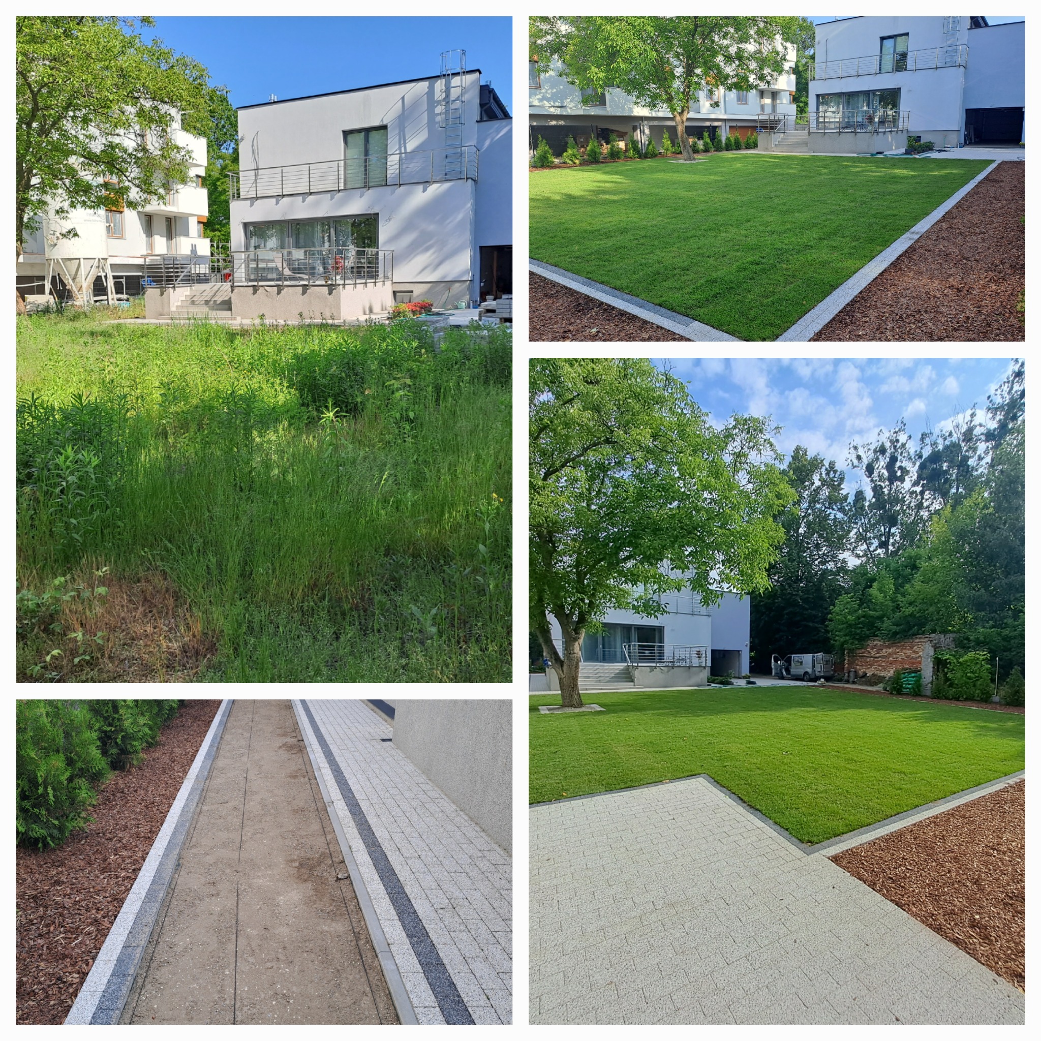 Kolaż zdjęć przedstawiający transformację ogrodu: zarośnięty teren przed budynkiem mieszkalnym, a obok wykończony trawnik z rolki, obrzeża z kory i kostki brukowej, oraz ścieżka z kostki prowadząca...