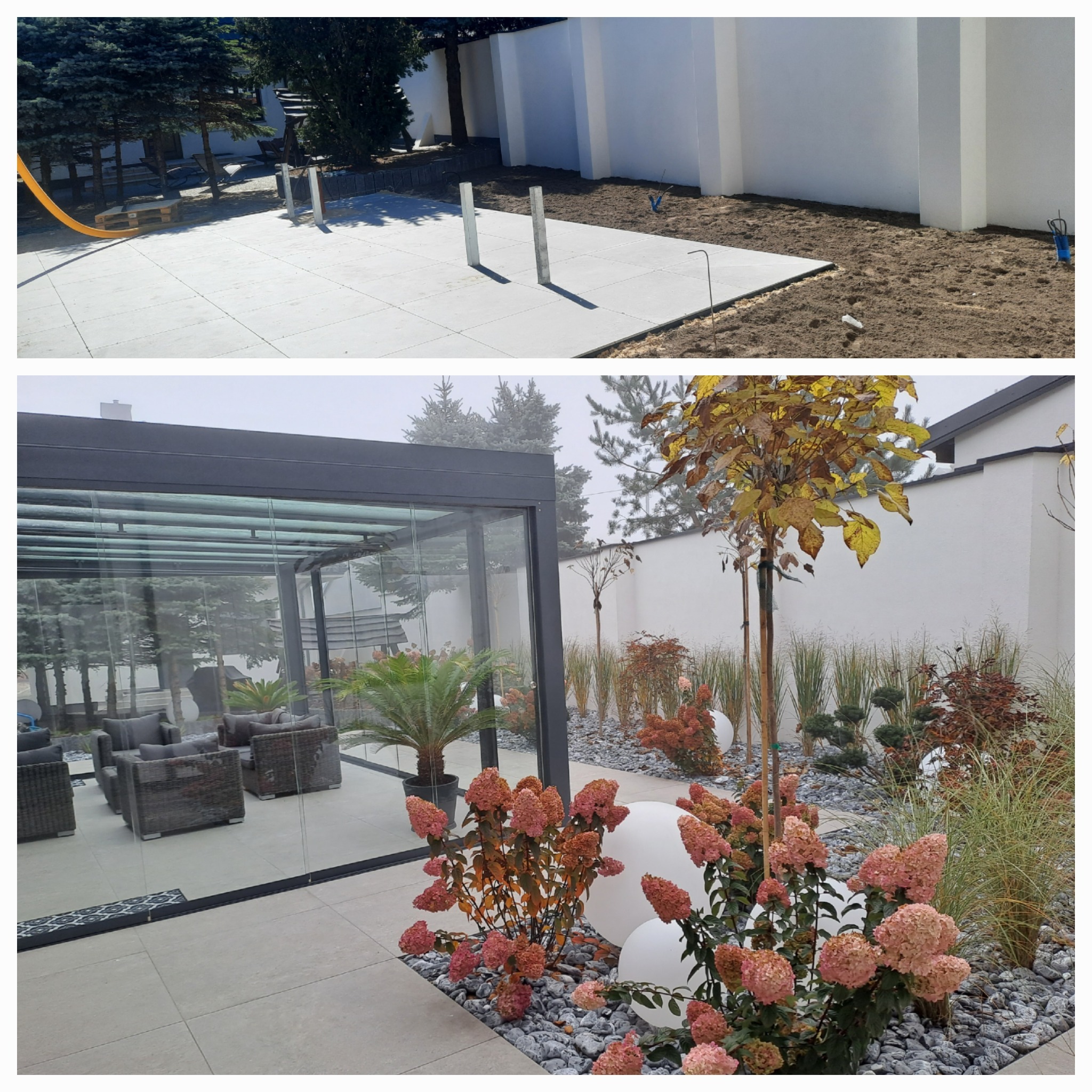 Dwa ujęcia z budowy tarasu: górne pokazuje betonowe płyty w trakcie układania, z widocznymi metalowymi słupkami i przygotowanym podłożem; dolne prezentuje gotowy taras z nowoczesną pergolą, meblami...