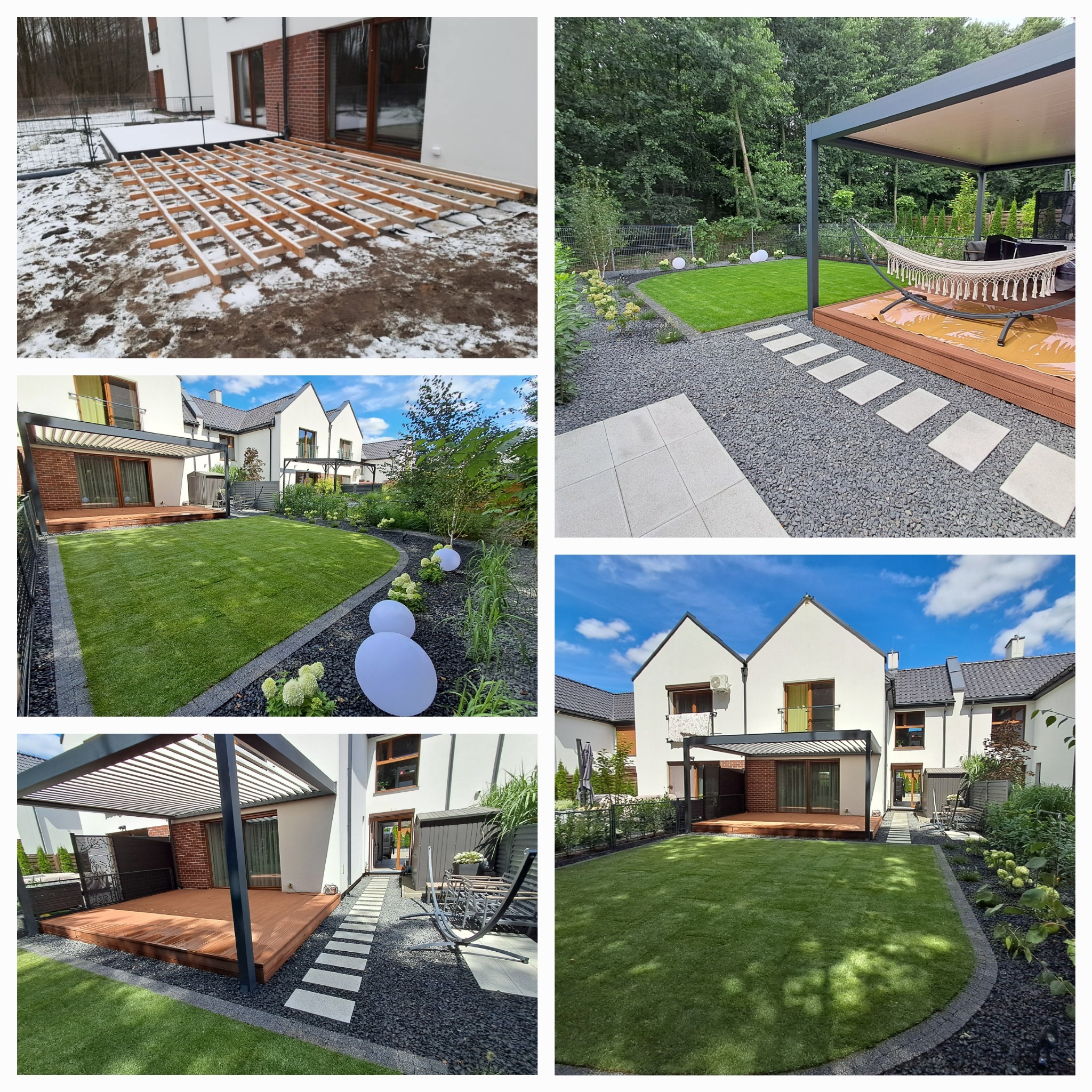 Nowoczesny ogród z drewnianym tarasem, pergolą, ścieżką z płyt i grysu, oświetleniem dekoracyjnym i równo przystrzyżonym trawnikiem przy białym domu.