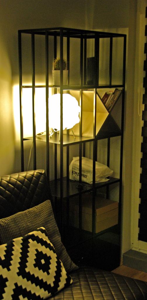 Czarny, metalowy regał w stylu industrialnym z oświetleniem, na półkach książki, roślina w doniczce i inne przedmioty, obok widoczny fragment sofy z poduszkami.